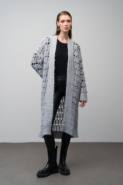 Olcay Cardigan din tricotaje ajurate - Uzuın Grey 8246