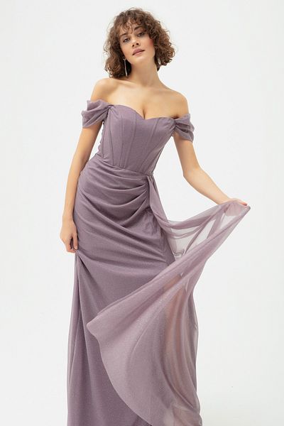 Lafaba Damen-Abendkleid mit lavendelfarbenem Bügelkorsett und detailliertem, silbrigem, langem Abendkleid