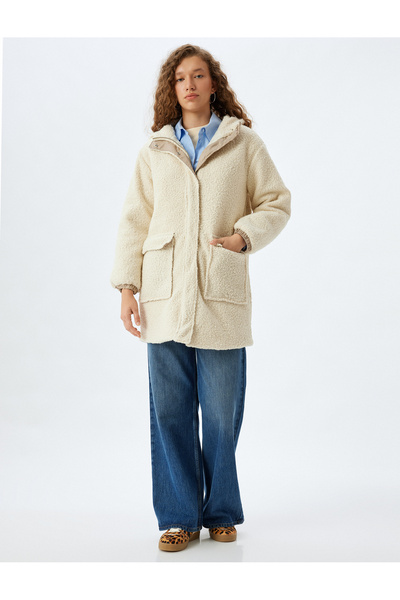 Koton Plush Coat Hooded Zippered Pocket Detailed Lined Snap Button