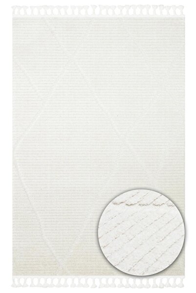 Eko Halı TERAZZO TRZ 07 WHITE Hav Toz Vermez Yumuşak Dokulu Etnik Örgü Desenl...