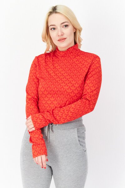 Adidas Originals بدلة رياضية نسائية بأكمام طويلة وشعار العلامة التجارية، باللون الأحمر