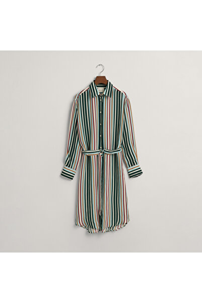 Gant Kadın Yeşil Regular Fit Klasik Yaka Çizgili Elbise