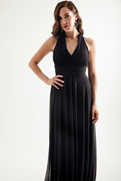 Lafaba Černé dlouhé dámské večerní šaty - ohlávka s výstřihem a bez zad