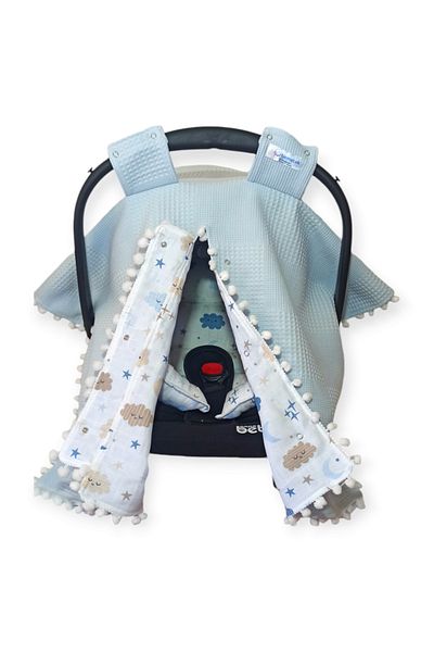 Birmelek Piqued Double Layer Double Sided Pompom Muslin Stroller Cover and Cushion