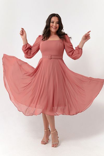 Lafaba Women's Salmon Square Collar Belted Midi Chiffon Plus Size Evening Dress