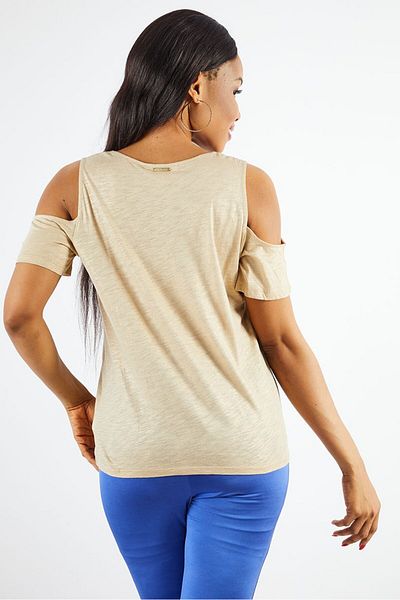 Michael Kors Women V-neckline Cold Shoulder Textured Top, Khaki