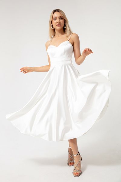 Lafaba Weißes Midi-Abendkleid aus Satin mit dünnen Trägern für Damen