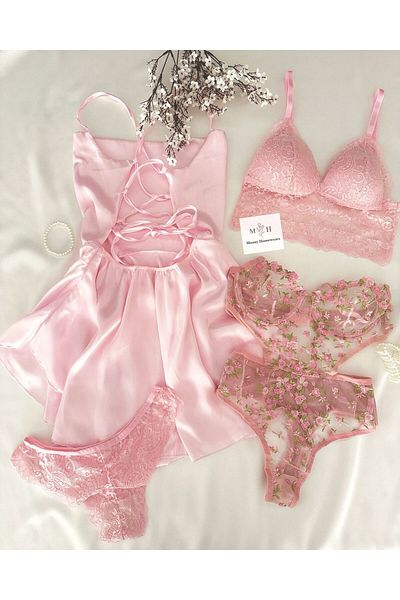 MH Moony Homewears Set de lenjerie de noapte și lenjerie din satin Lavenue - Salopetă și zestre