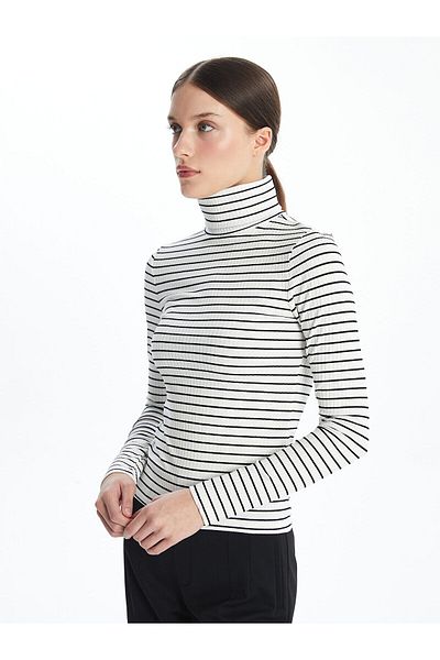 LC Waikiki Stand Collar Striped Long Sleeve Women's Bodysuit