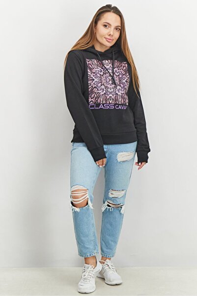 Cavalli Class Women Hooded Drawstring Textured Long Sleeve Sweatshirt, Black