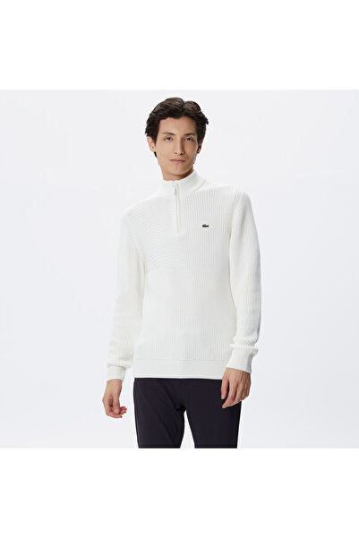 Lacoste Tricotaj pentru bărbați, cu mânecă lungă, cu guler în picioare, cu model, ecru