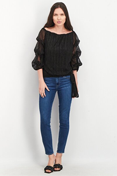 Vince Camuto Women Bateau Neckline Tiered Sleeves Metallic Top, Black