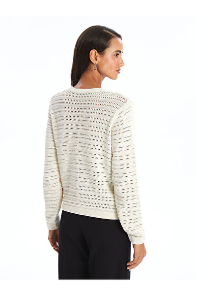 LC Waikiki Ecrufarbene, durchbrochene, langärmlige Strickjacke für Damen mit Rundhalsausschnitt