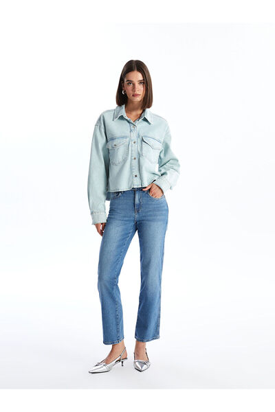 LC Waikiki Lcw Düz Uzun Kollu Crop Kadın Jean Gömlek Ceket