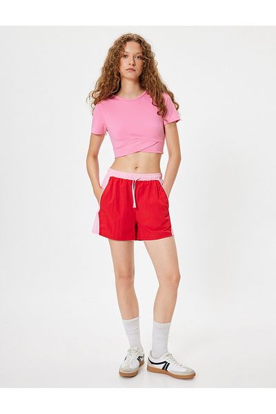 Koton Oversize Sports Shorts High Waist Ribbed Waist Lace up Color Block Pocket