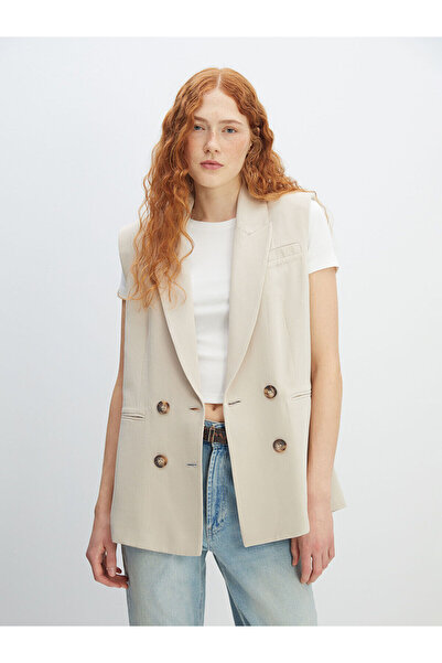 LC Waikiki Beige Double-Breasted Collar Plain Linen Blend Women's Classic Vest