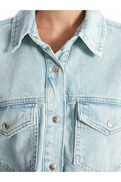 LC Waikiki Lcw Düz Uzun Kollu Crop Kadın Jean Gömlek Ceket