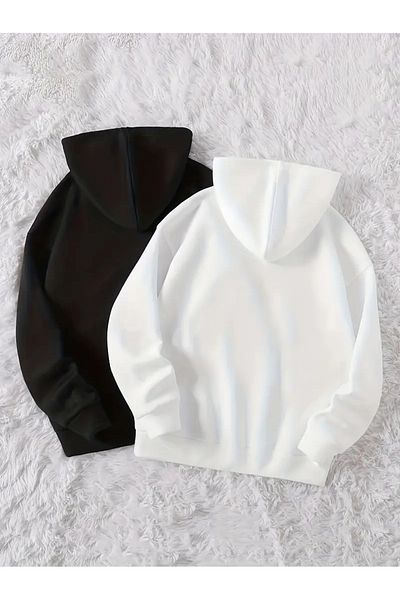 AEMİ Hanorac supradimensionat cu glugă alb-negru unisex din 2 piese - 3 fire ridicate