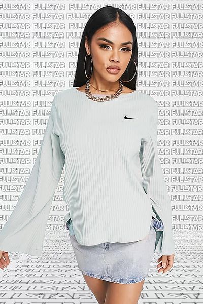 Nike Top cu mânecă lungă din jerseu cu nervuri, alb, pentru femei, gri deschis