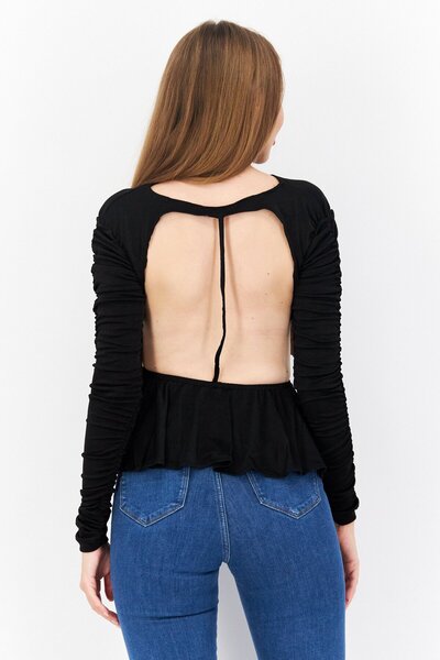 NA-KD Women V Neck Ruched Cutoff Back Long Sleeve Top, Black