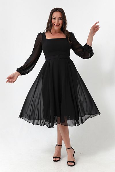 Lafaba Rochie de seară neagră, cu gât pătrat, din șifon midi, cu centuri mari