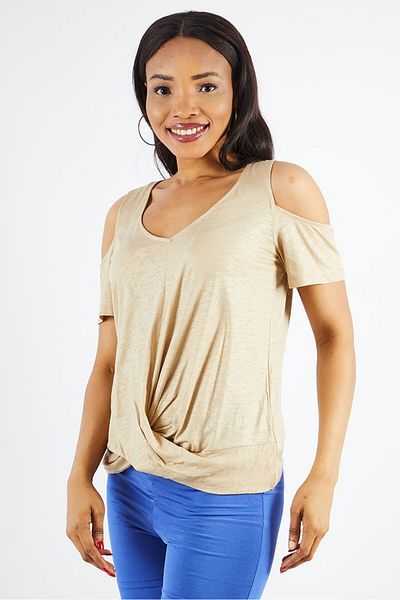Michael Kors Women V-neckline Cold Shoulder Textured Top, Khaki
