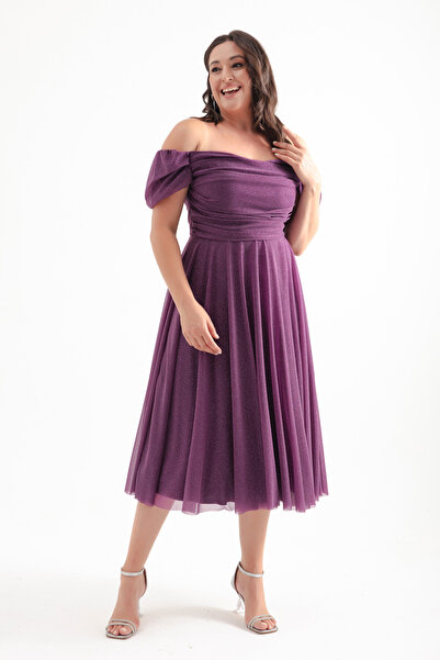 Lafaba Βραδινό μίντι φόρεμα με ντραπέ σε δαμάσκηνο με λαιμόκοψη - Φόρεμα με φ...