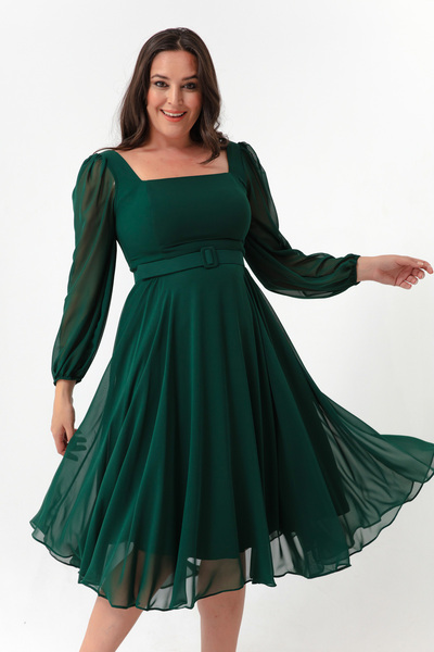 Lafaba Dámské smaragdově zelené večerní šaty se čtvercovým výstřihem midi šifon plus velikosti