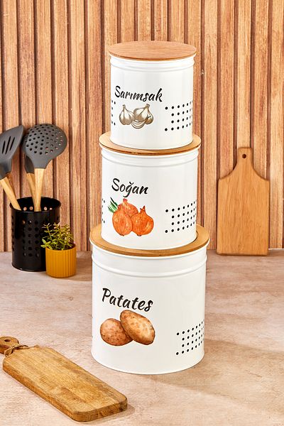 kitchen trend Găleată metalică pentru cartofi și ceapă cu 3 niveluri cu capac din lemn - Crisper - Coș pentru cartofi și ceapă alb