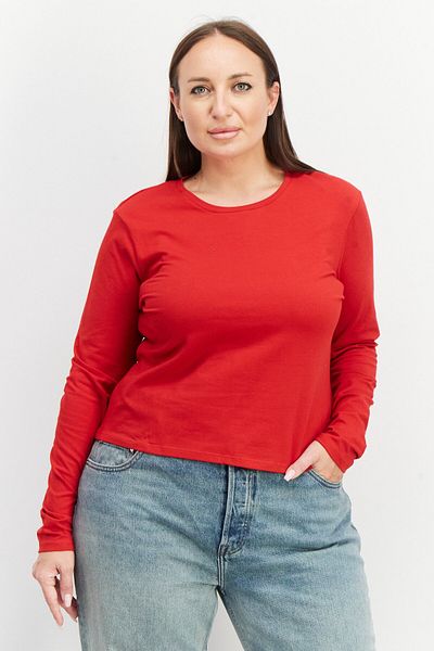 NA-KD Women Round Neck Long Sleeve Plain Top, Red