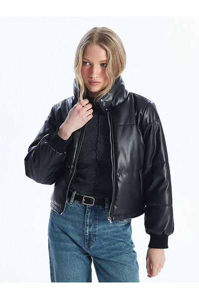 LC Waikiki Lcwk Stand Collar Plain Leather Look Women's Puffer Coat