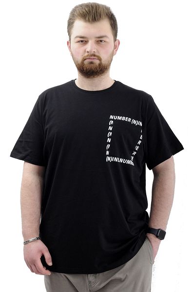 ModeXL Ανδρικό μαύρο μπλουζάκι μεγάλου μεγέθους - βαμβακερό, λαιμόκοψη, εμπριμέ NUMBER U24051
