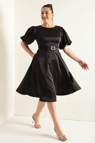 Lafaba Rochie de seară din satin, cu mânecă cu balon, neagră, cu centură de piatră