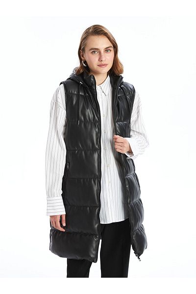LC Waikiki Lcwk Hooded Solid Leather Look Women's Inflatable Vest