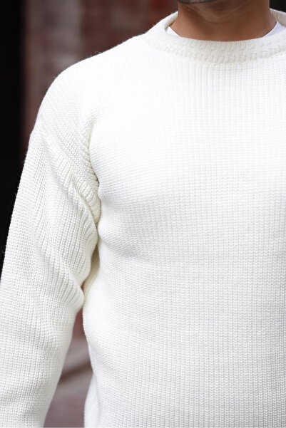 Valiberta Pánský pletený svetr Pilar Oversize Selanik s kulatým výstřihem - Ecru