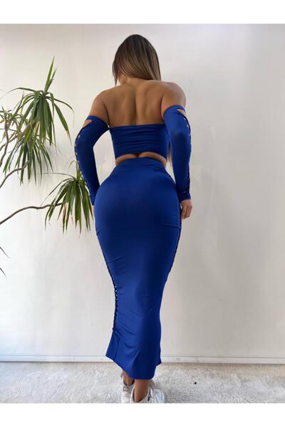 pink life Saks Blue Laser Cut Detailní dvojitý dlouhý oblek