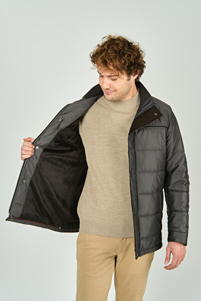 daynax Men's Fur Lined Stand Collar Snap and Zipper Closure Coat 5300 Smoked