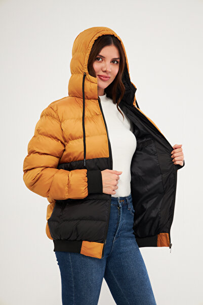 Avones Women's Jesika Fabric Garnished Zippered Hooded Puffer Jacket