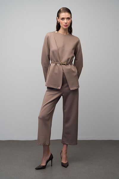 Olcay Set jachetă și pantaloni cu centură din material Scuba - nurcă 9261-TK
