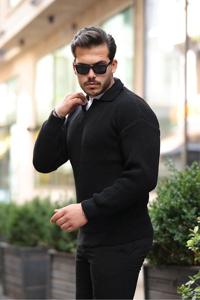 Valiberta Oversize Shirt Collar Thessaloniki Knitted Men's Knitwear Sweater - Black