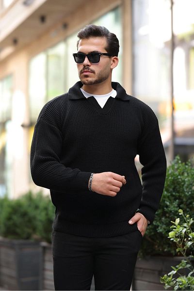 Valiberta Oversize Shirt Collar Thessaloniki Knitted Men's Knitwear Sweater - Black