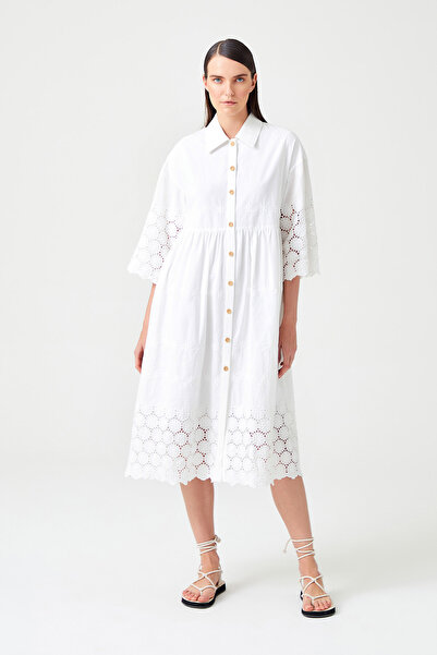 Jus De Pommes BEYAZ BRODE DANTELLİ MİDİ BOY GÖMLEK ELBİSE