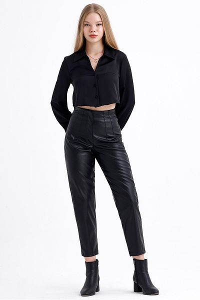 MD trend Women's High Waist Cuffed Front Zipper Carrot Cut Leather Trousers