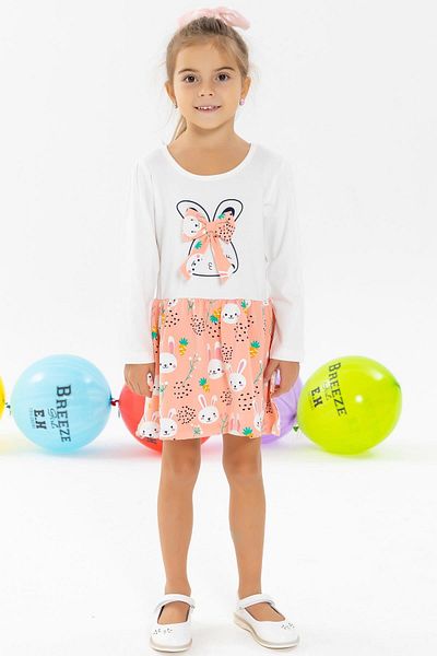 Breeze Girl's Long Sleeve Dress with Bow Rabbit Pattern, Age 2-6, Ecru