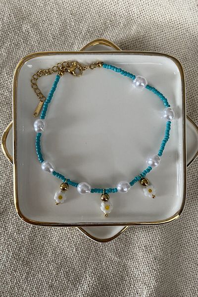 My Joyas Design Blue Flower Detailed Steel Anklet - Pearl Spaced Bead Design