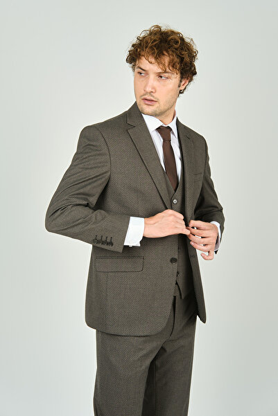GİO Gio Erkek Regular Fit Mono Yaka Yelekli Takım Elbise 4460 Kahverengi