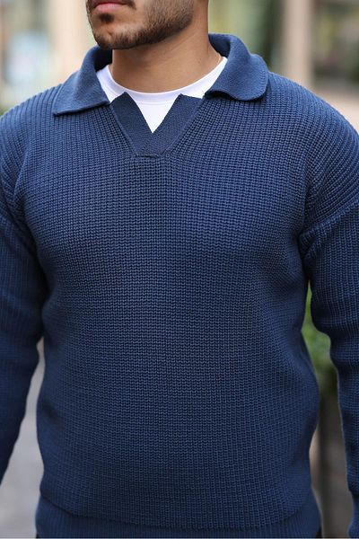 Valiberta Oversize Shirt Collar Thessaloniki Knitted Men's Knitwear Sweater - Indigo