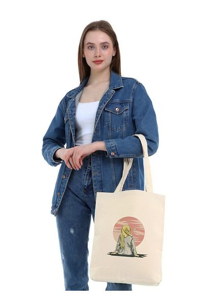Çınar Bez Çanta Țesătură Pânză Geantă Tote Fată Peisaj Hijab - Cremă - Geantă Tote Çınar