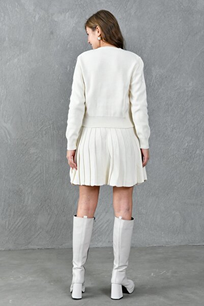 bayansepeti Stretchy Knitwear Fabric - Buttoned Design Cardigan and Pleated Mini Skirt Set 1150
