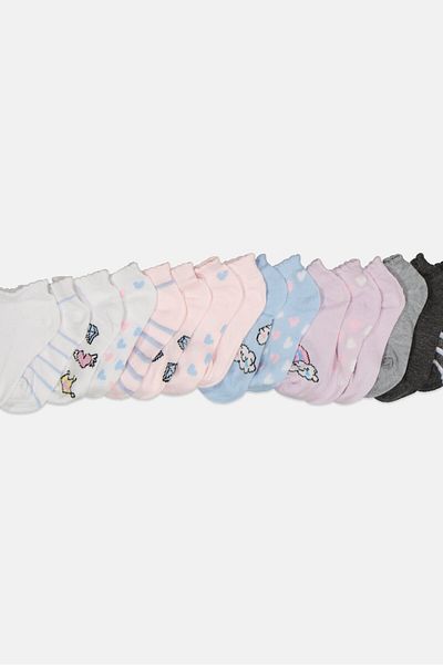 Nicole Miller Kids Girl 12 Pairs Allover Print Ankle Socks, Pink Combo
